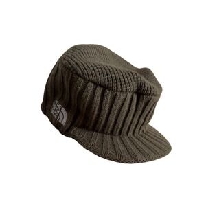 The North Face Olive Green Knit Visor Beanie Hat Ribbed Canada Made One Size
